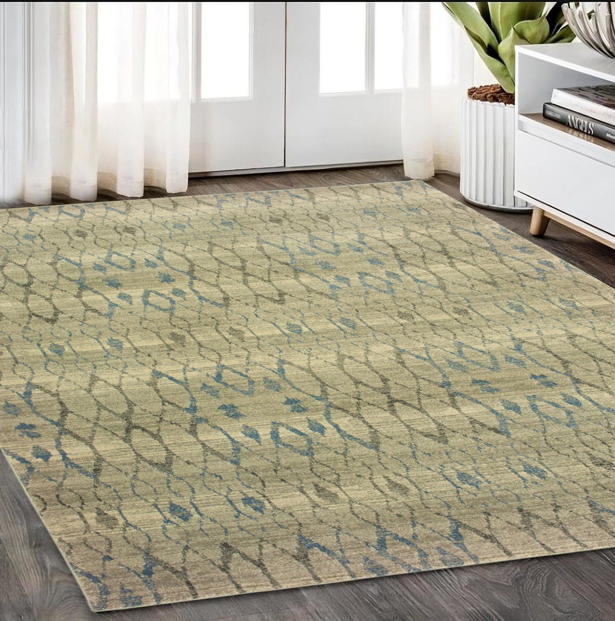 5' X 8' Blue And Ivory Geometric Distressed Area Rug
