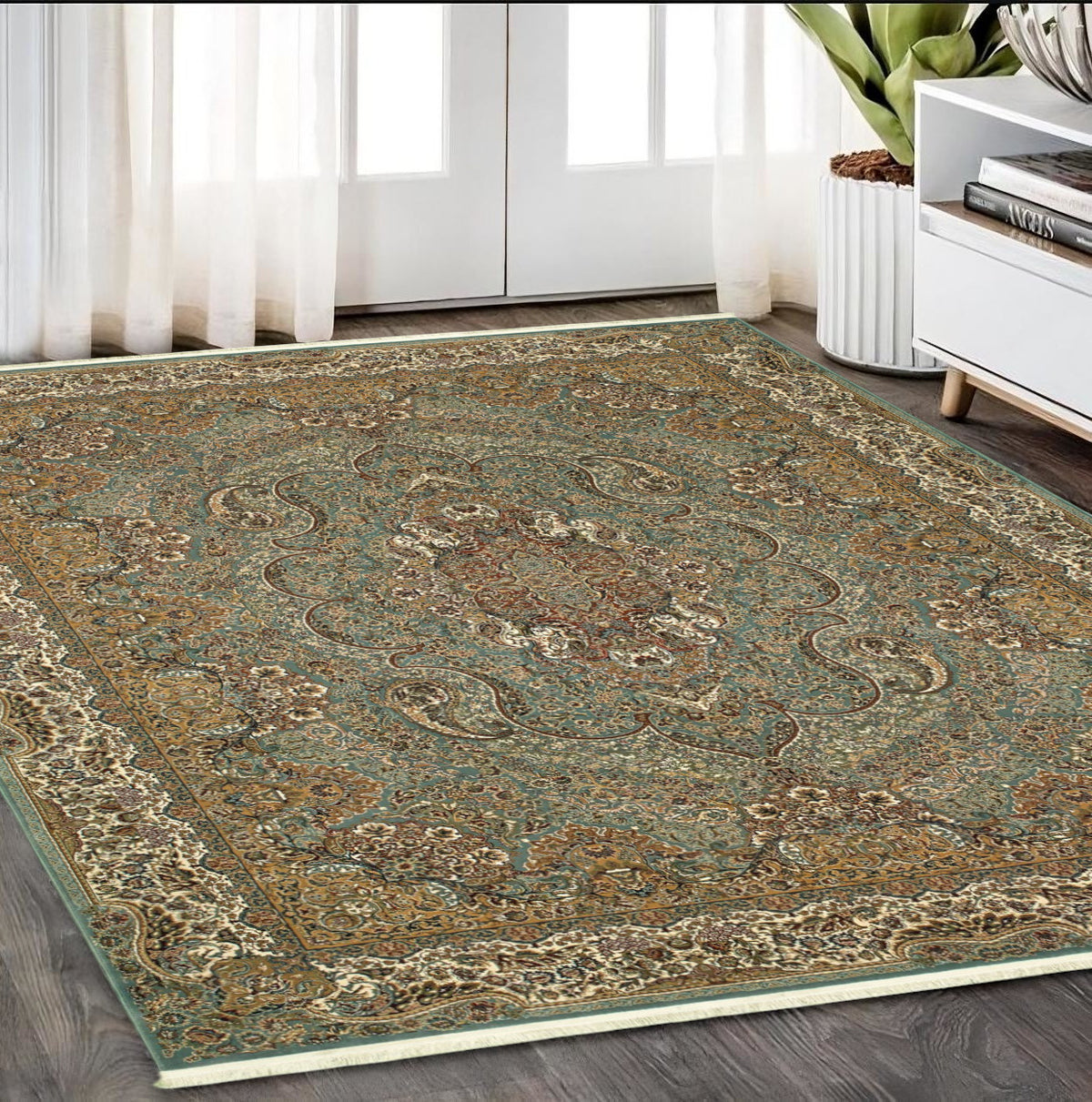 5' X 8' Blue And Gold Medallion Area Rug With Fringe