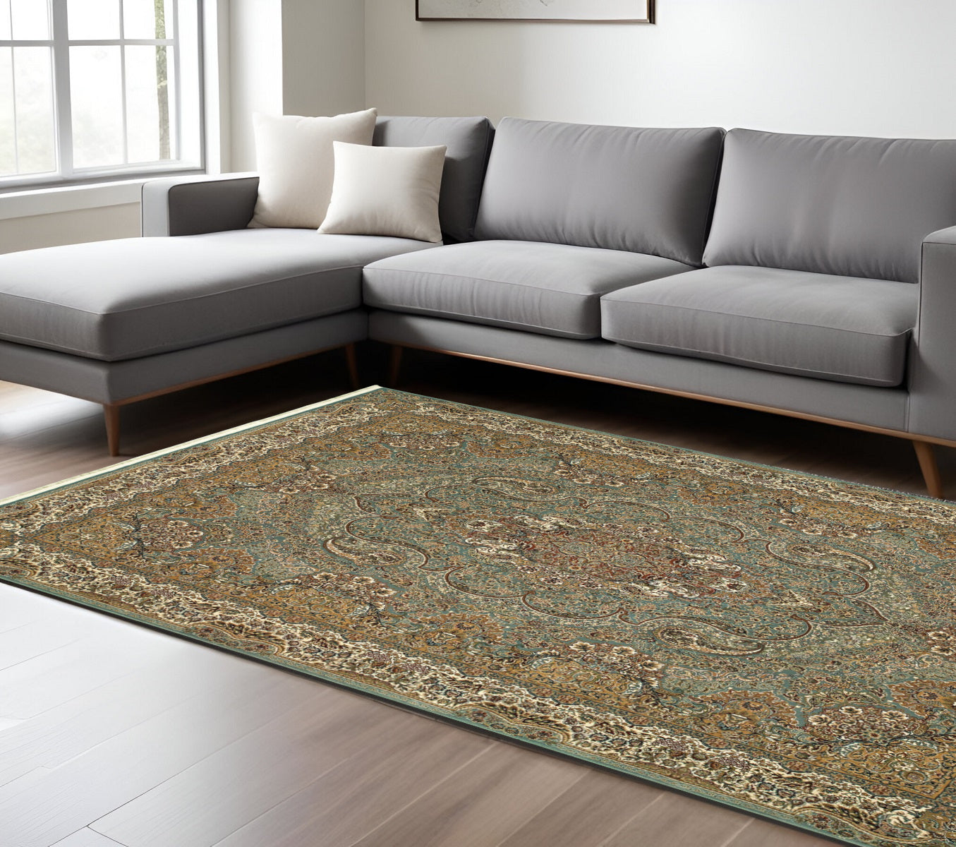 10' X 13' Blue And Gold Medallion Area Rug With Fringe