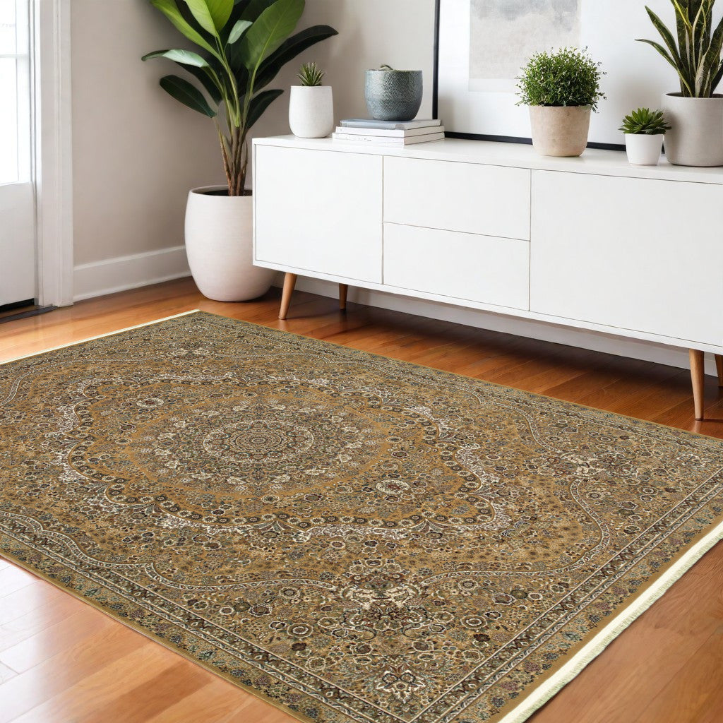 4' X 5' Gold And Ivory Medallion Area Rug With Fringe