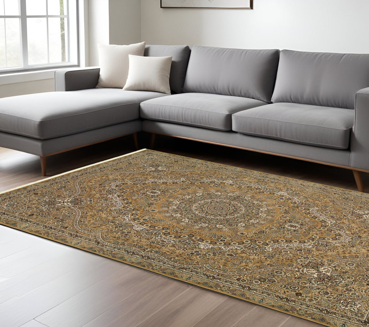 8' X 11' Gold And Ivory Medallion Area Rug With Fringe