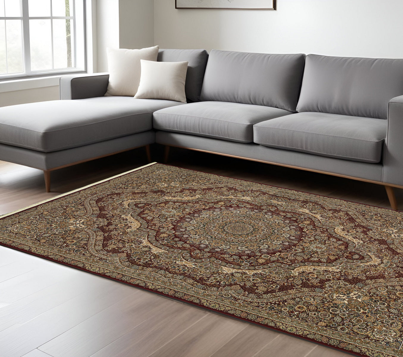 7' X 10' Red And Gold Medallion Area Rug With Fringe