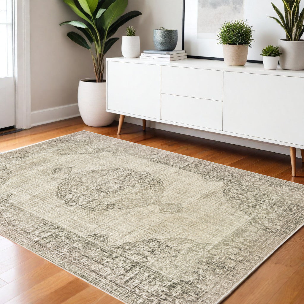 4' X 5' Ivory And Gray Oriental Distressed Area Rug
