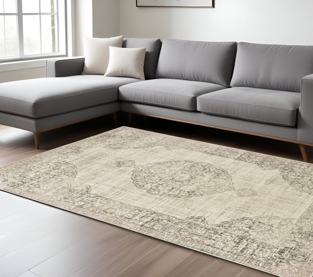 8' X 11' Ivory And Gray Oriental Distressed Area Rug