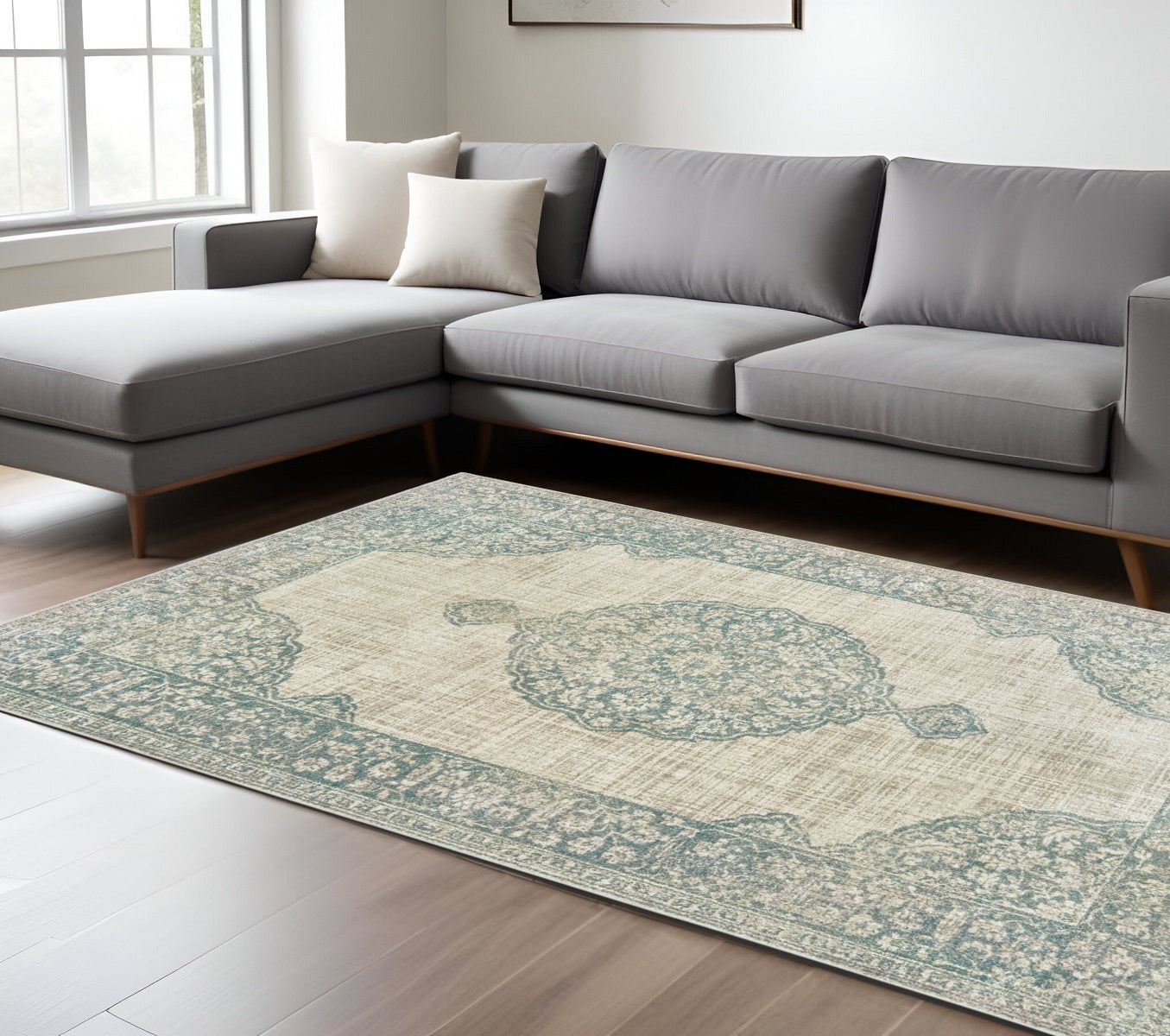 10' X 13' Ivory And Blue Oriental Distressed Area Rug