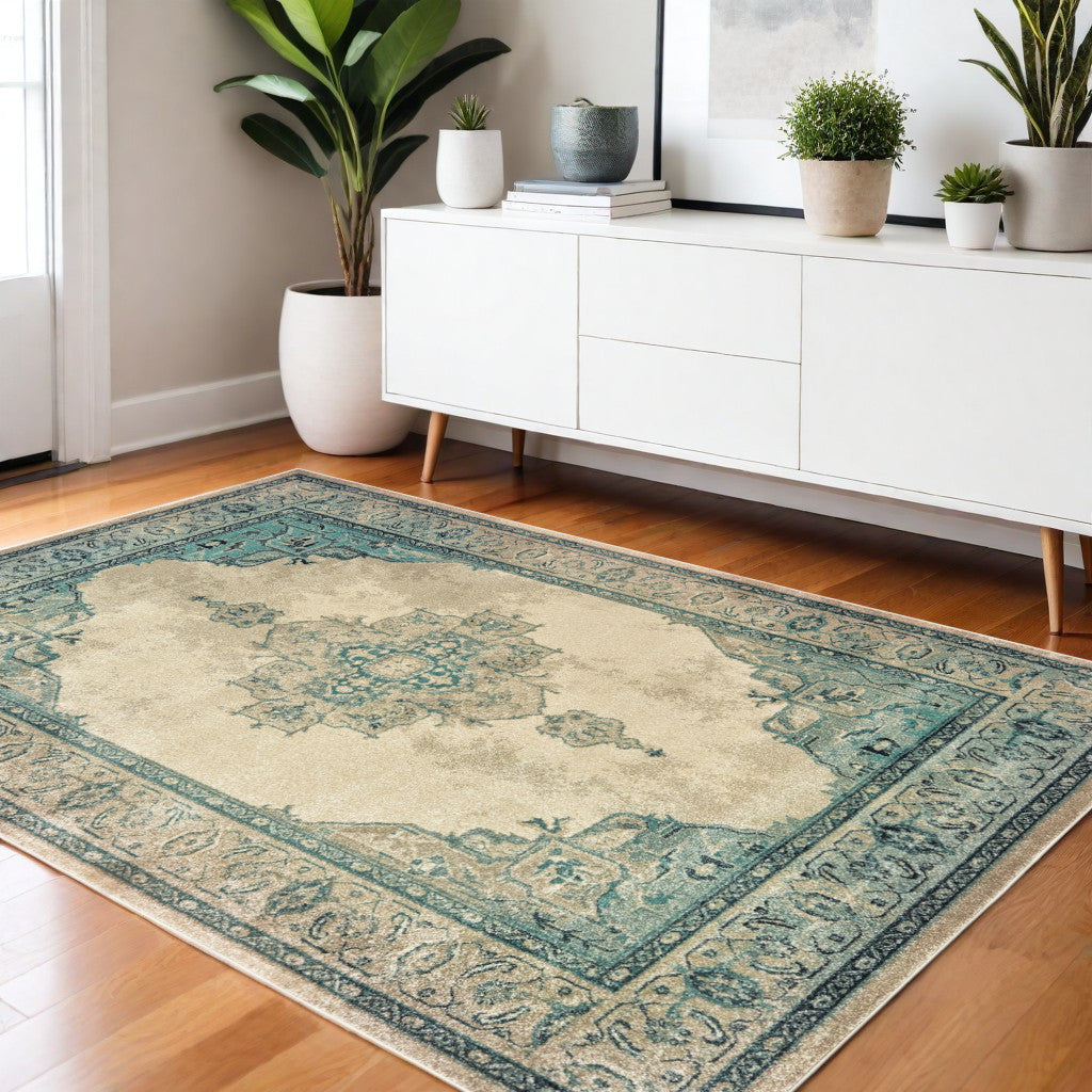 4' X 5' Ivory And Blue Oriental Distressed Area Rug