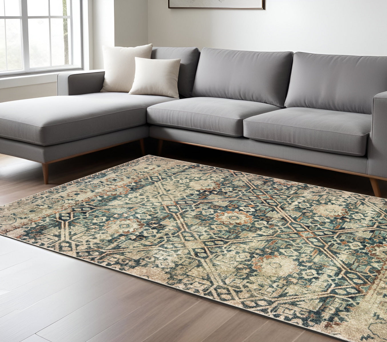 10' X 13' Blue And Ivory Geometric Distressed Area Rug