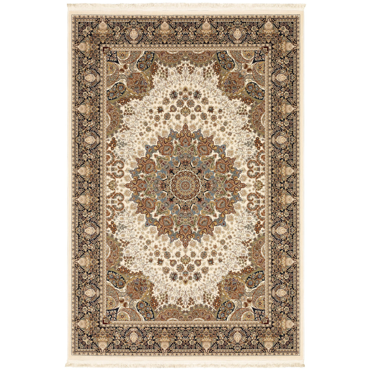 8' X 11' Ivory Black And Tan Medallion Area Rug With Fringe