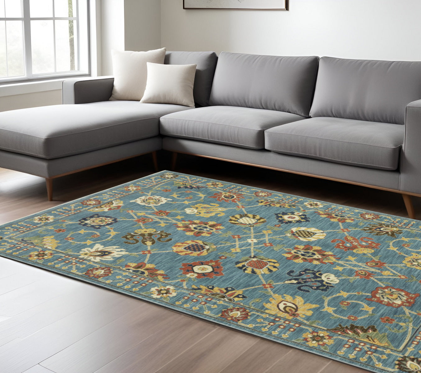 7' X 10' Blue Yellow And Ivory Oriental Area Rug With Fringe