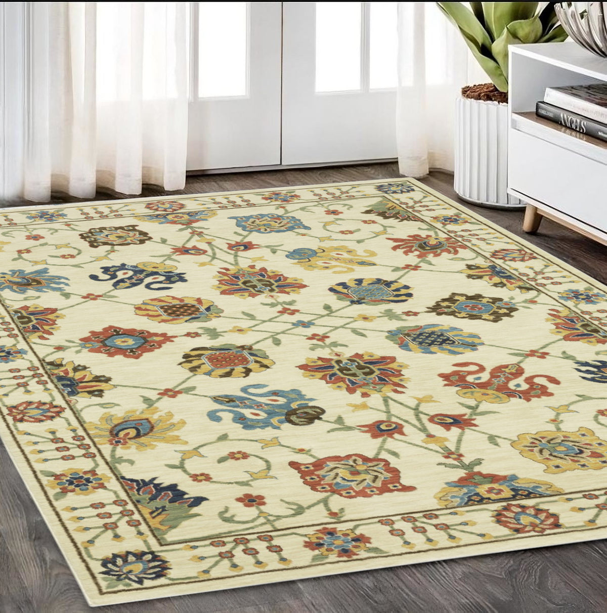 5' X 8' Ivory Yellow And Orange Oriental Area Rug With Fringe