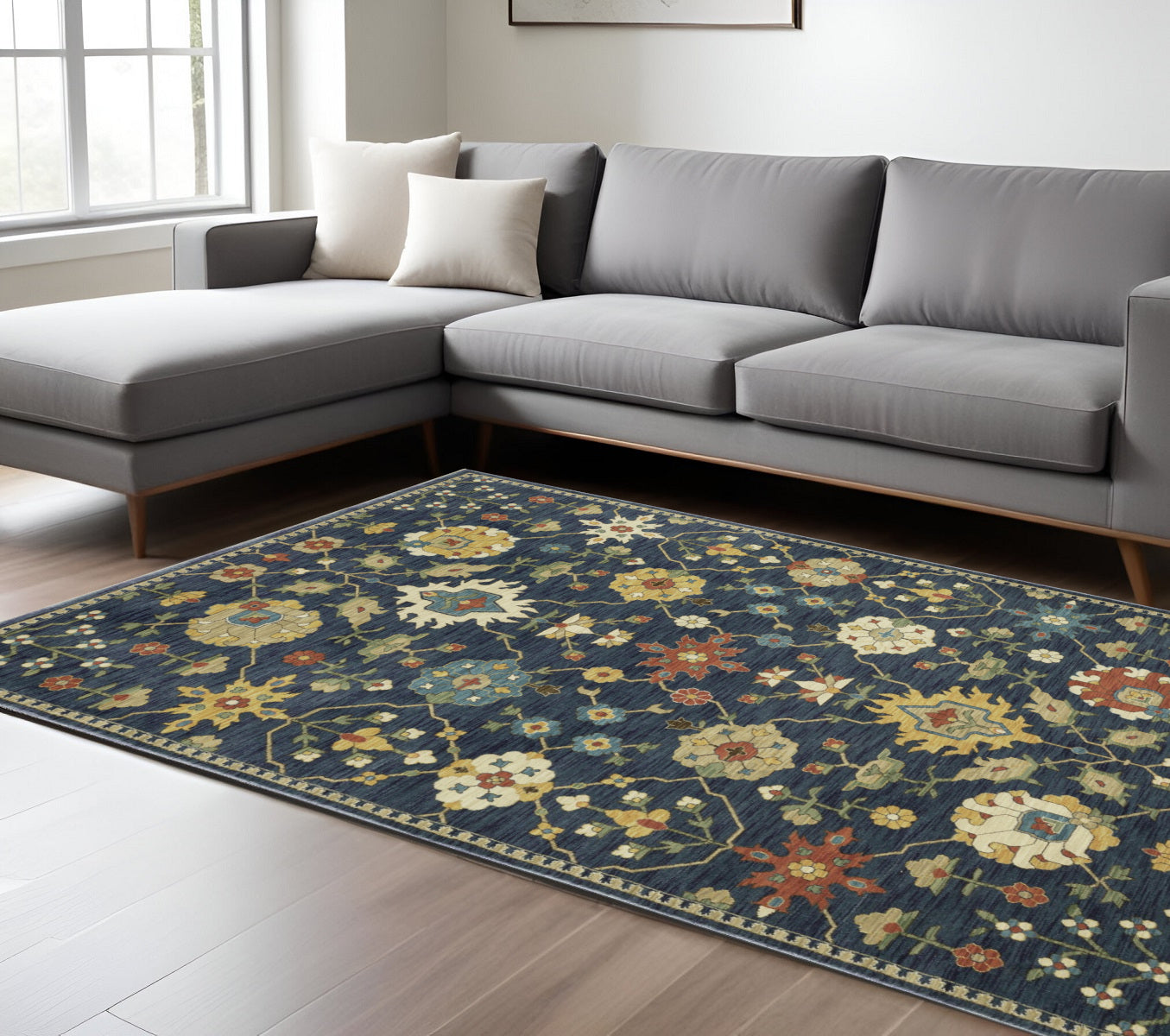 10' X 13' Blue And Gold Oriental Area Rug With Fringe