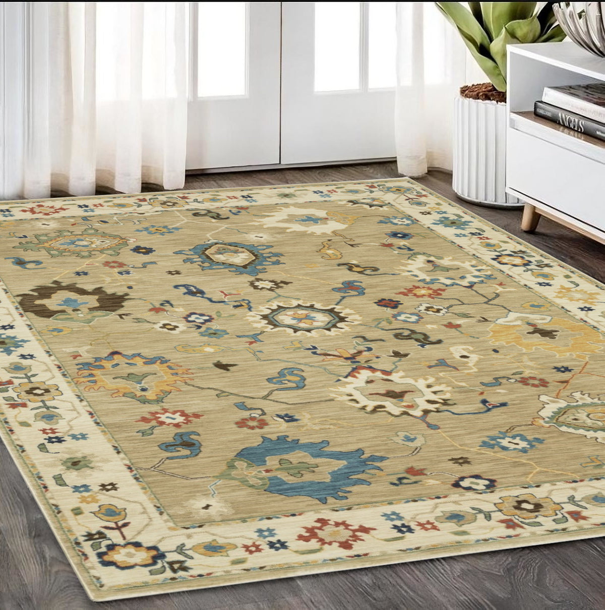 5' X 8' Beige Light Blue And Tan Oriental Area Rug With Fringe