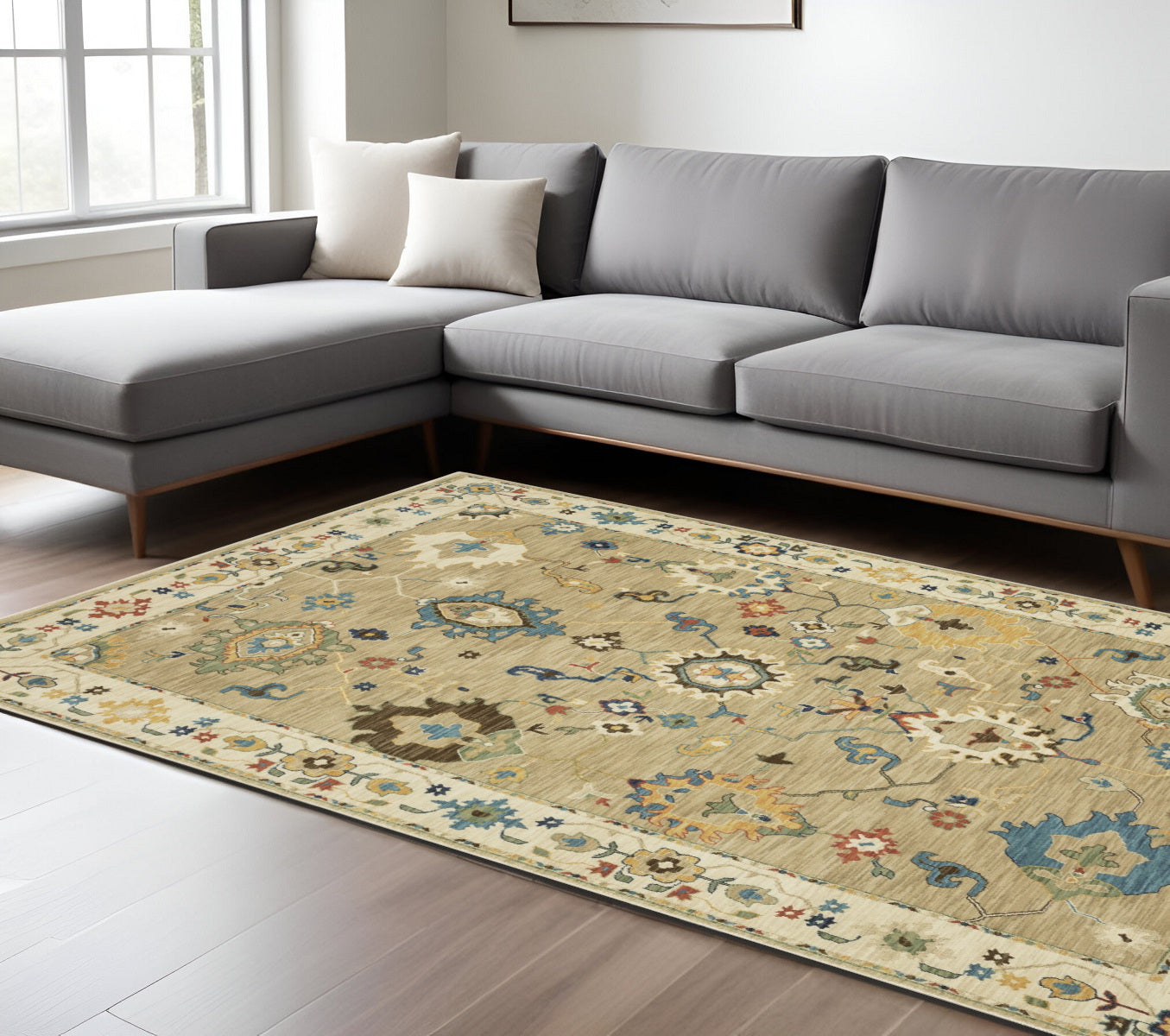 10' X 13' Beige Light Blue And Tan Oriental Area Rug With Fringe