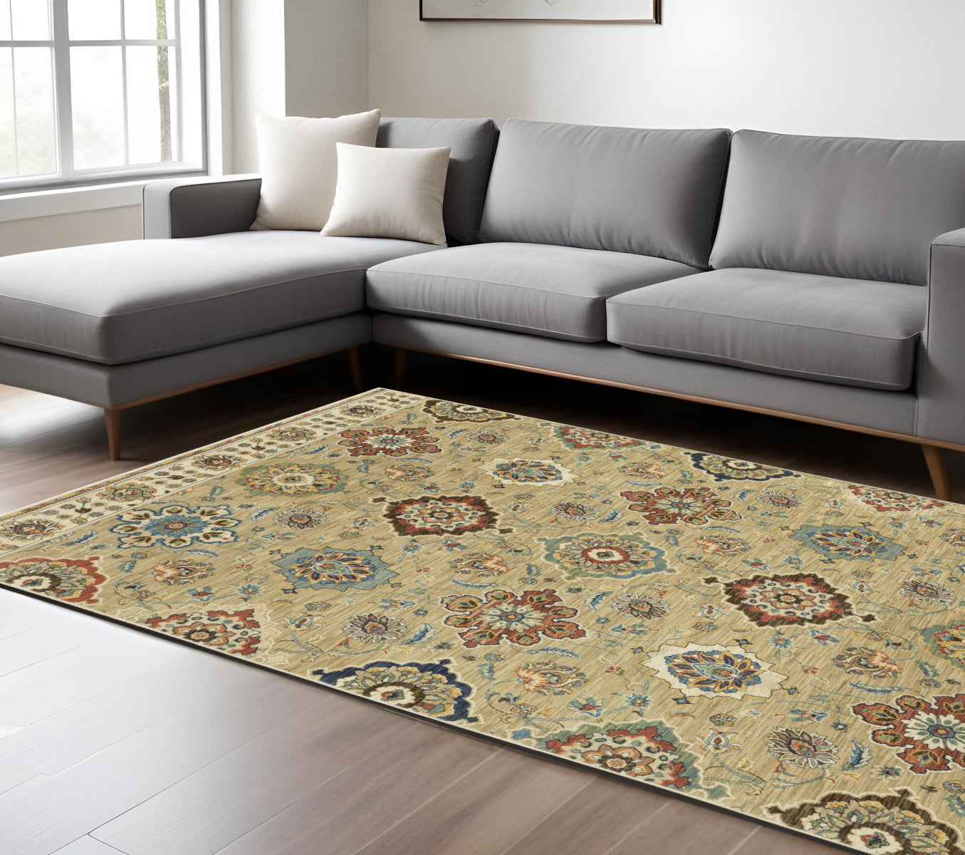 10' X 13' Tan Ivory And Brown Floral Area Rug With Fringe