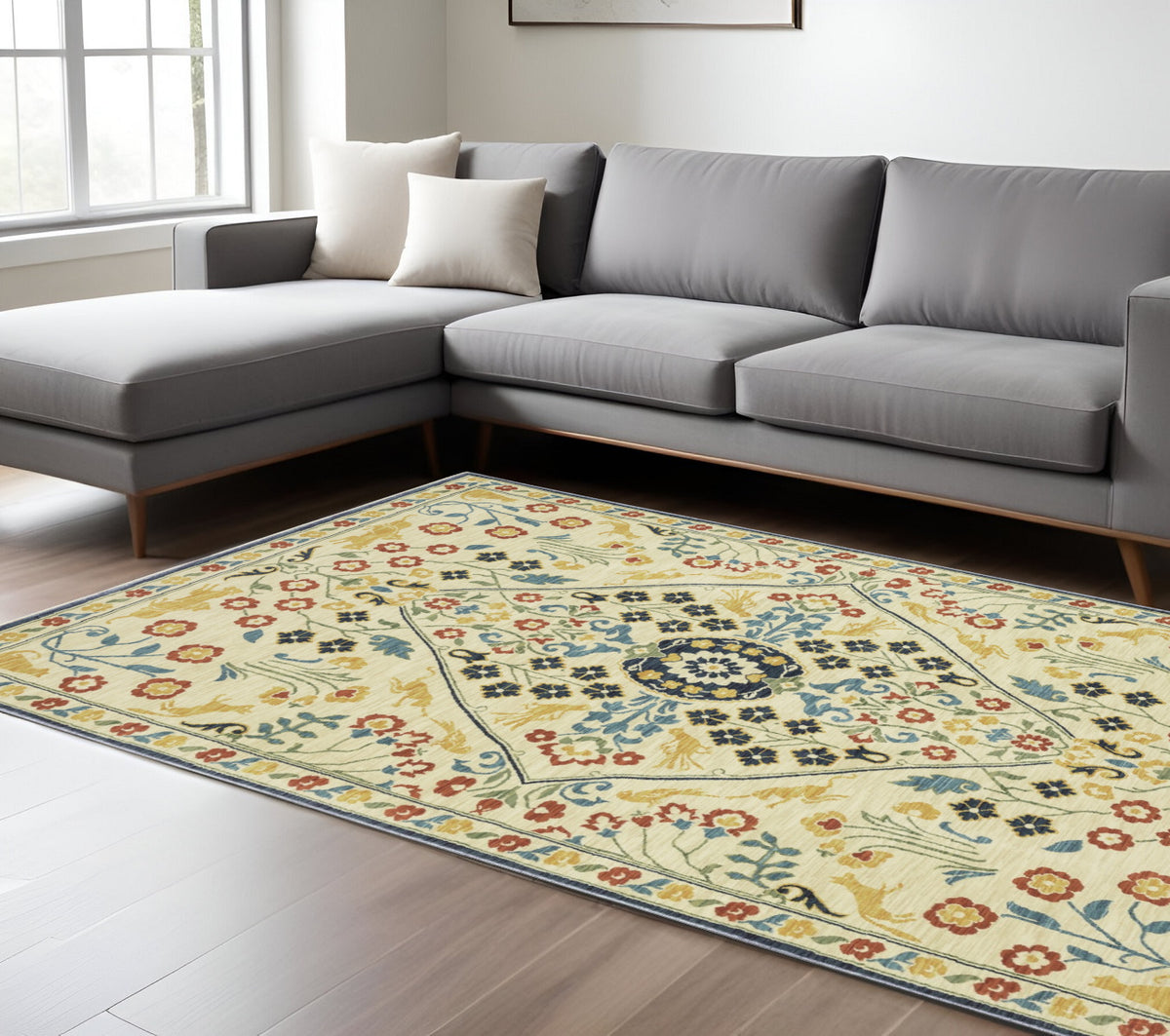 8' X 11' Ivory Orange And Navy Blue Oriental Area Rug With Fringe