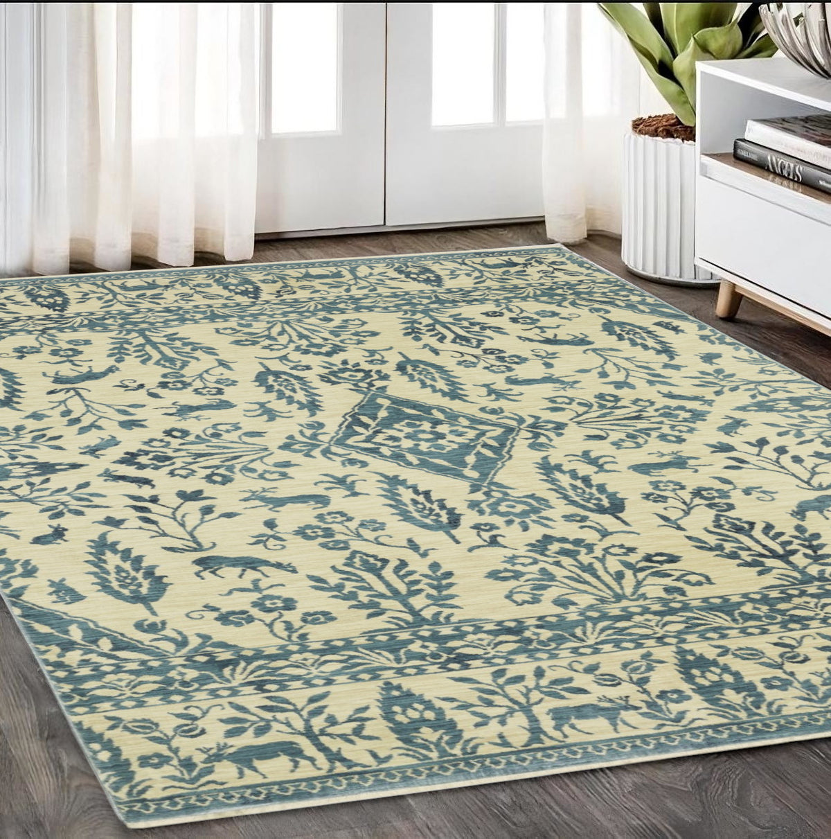 5' X 8' Ivory And Blue Oriental Area Rug With Fringe