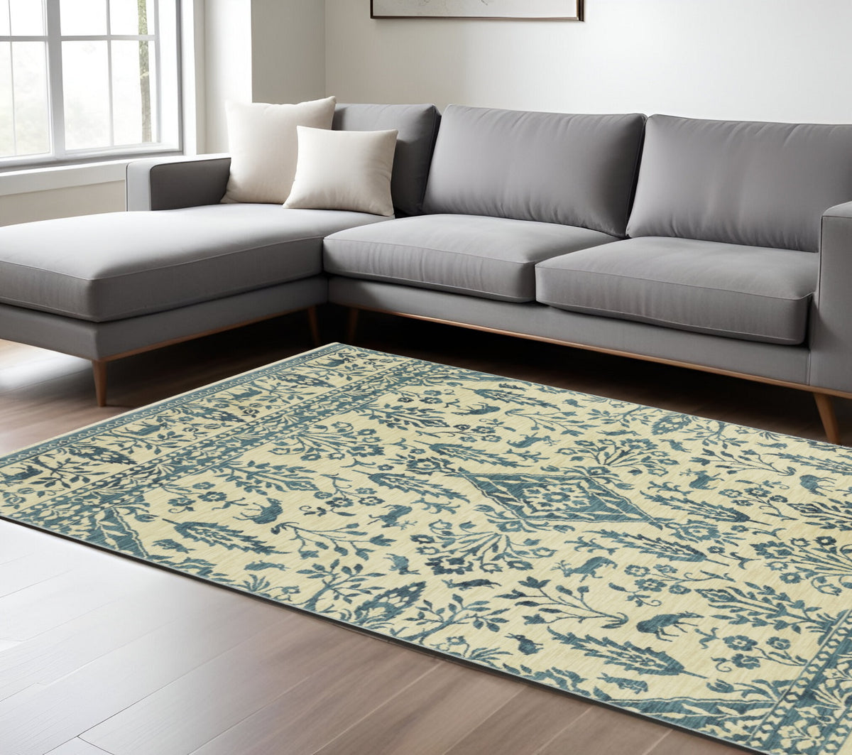 8' X 11' Ivory And Blue Oriental Area Rug With Fringe