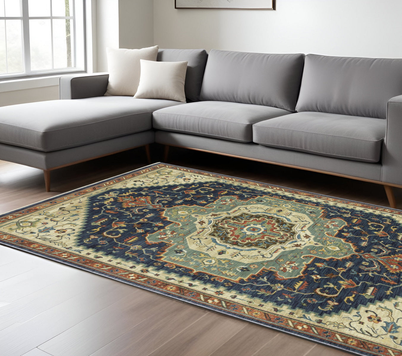 10' X 13' Blue Ivory And Orange Oriental Area Rug With Fringe