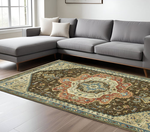 10' X 13' Brown And Orange Oriental Area Rug With Fringe