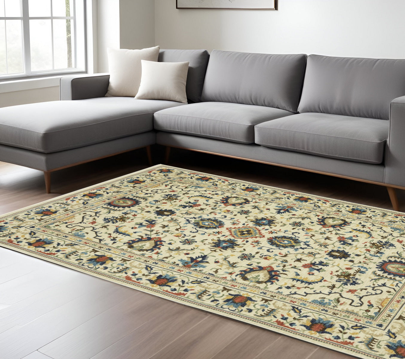 10' X 13' Ivory Blue And Orange Oriental Area Rug With Fringe