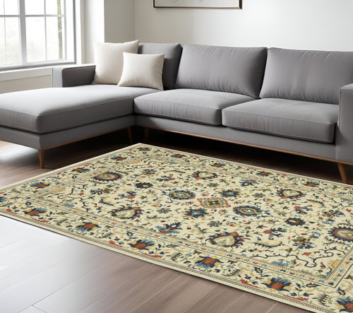 10' X 13' Ivory Blue And Orange Oriental Area Rug With Fringe