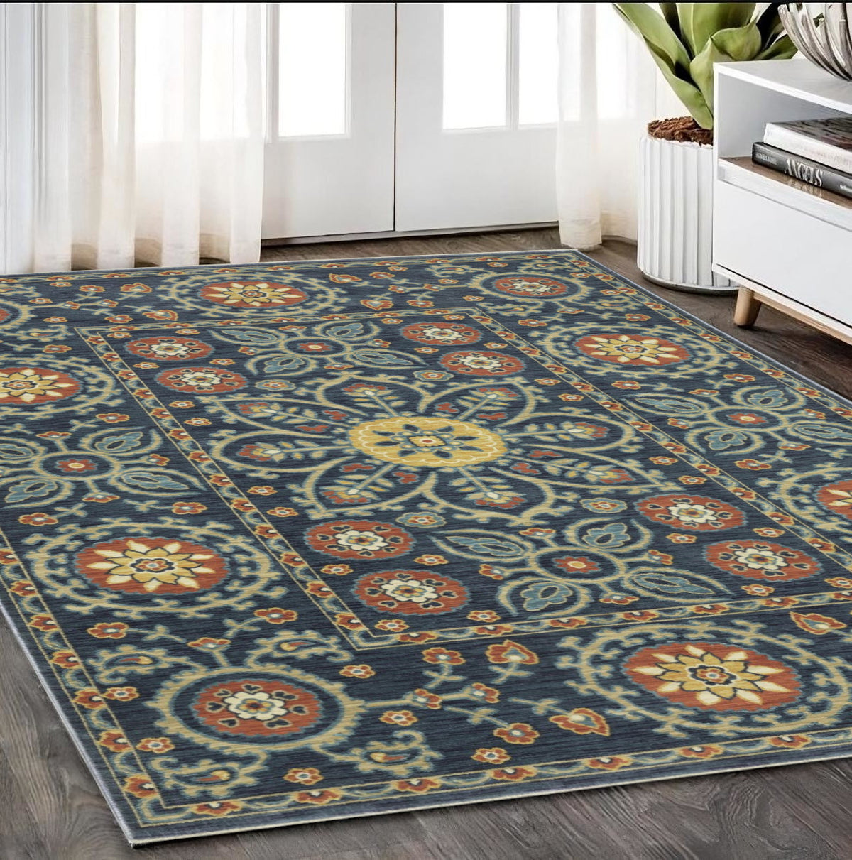5' X 8' Blue And Rust Medallion Area Rug With Fringe