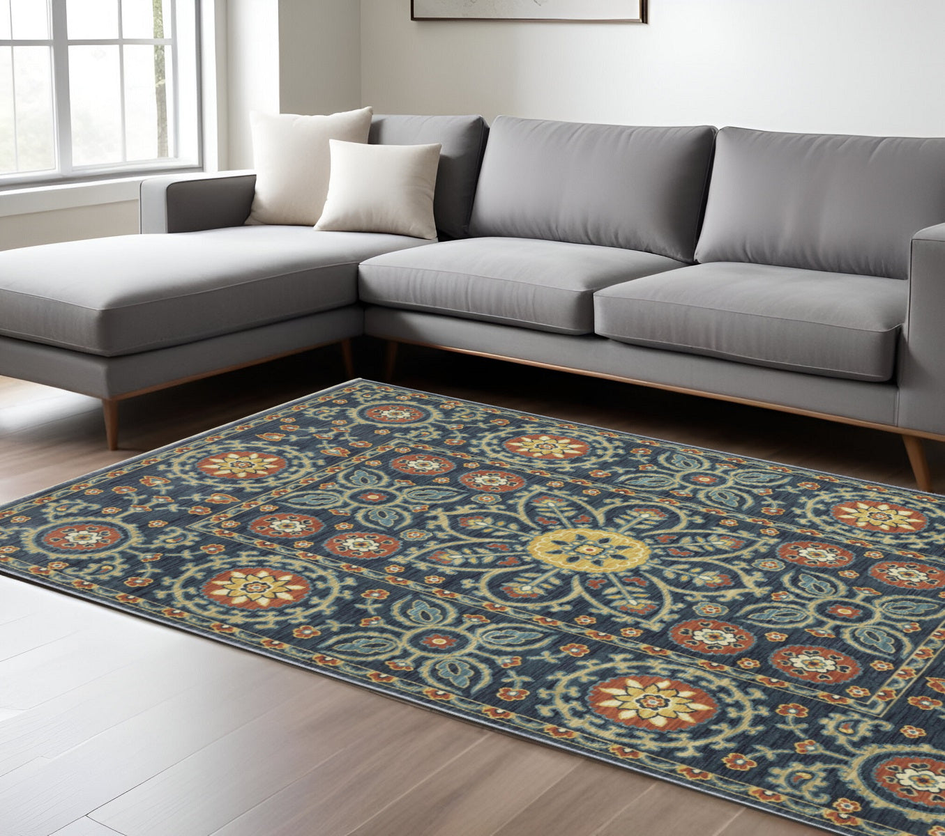 10' X 13' Blue And Rust Medallion Area Rug With Fringe