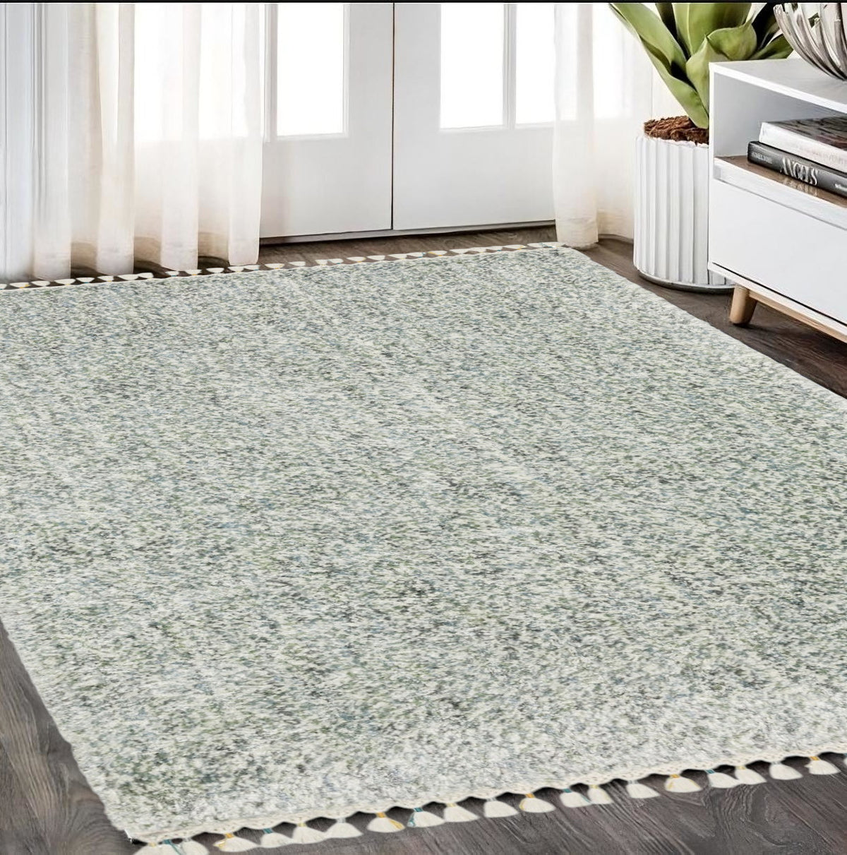 5' X 8' Light Blue And Ivory Abstract Shag Area Rug With Fringe
