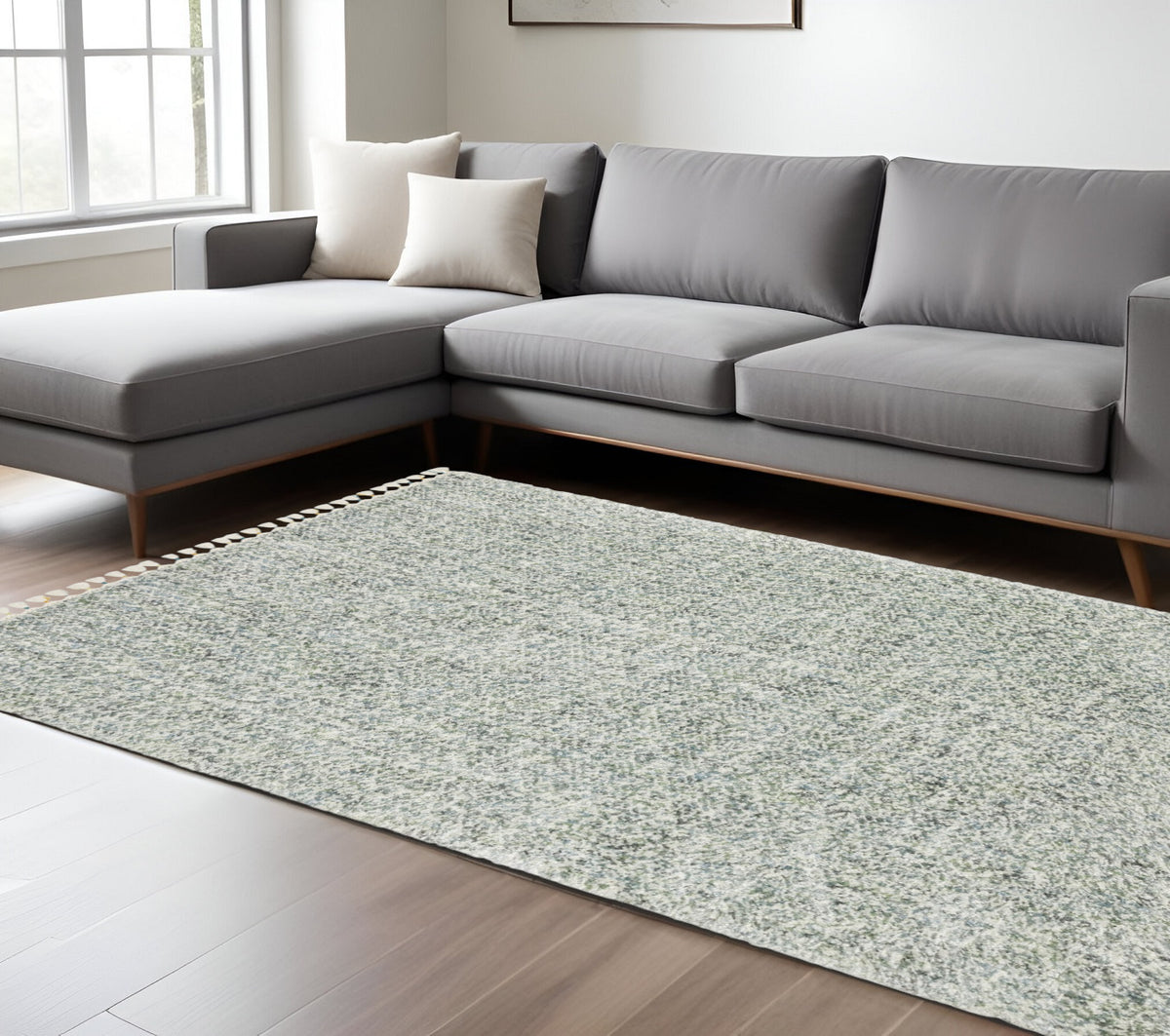 10' X 13' Light Blue And Ivory Abstract Shag Area Rug With Fringe