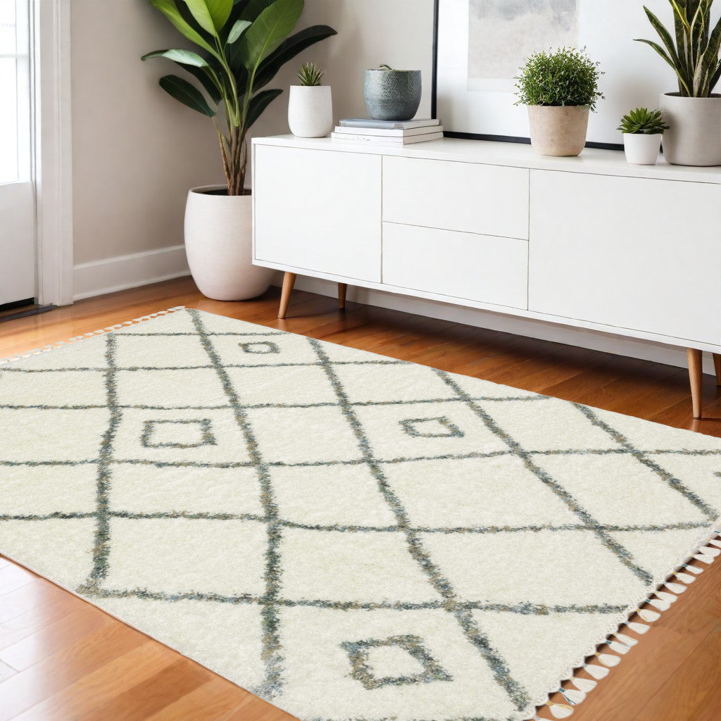 4' X 5' Ivory Gray And Tan Diamond Shag Area Rug With Fringe