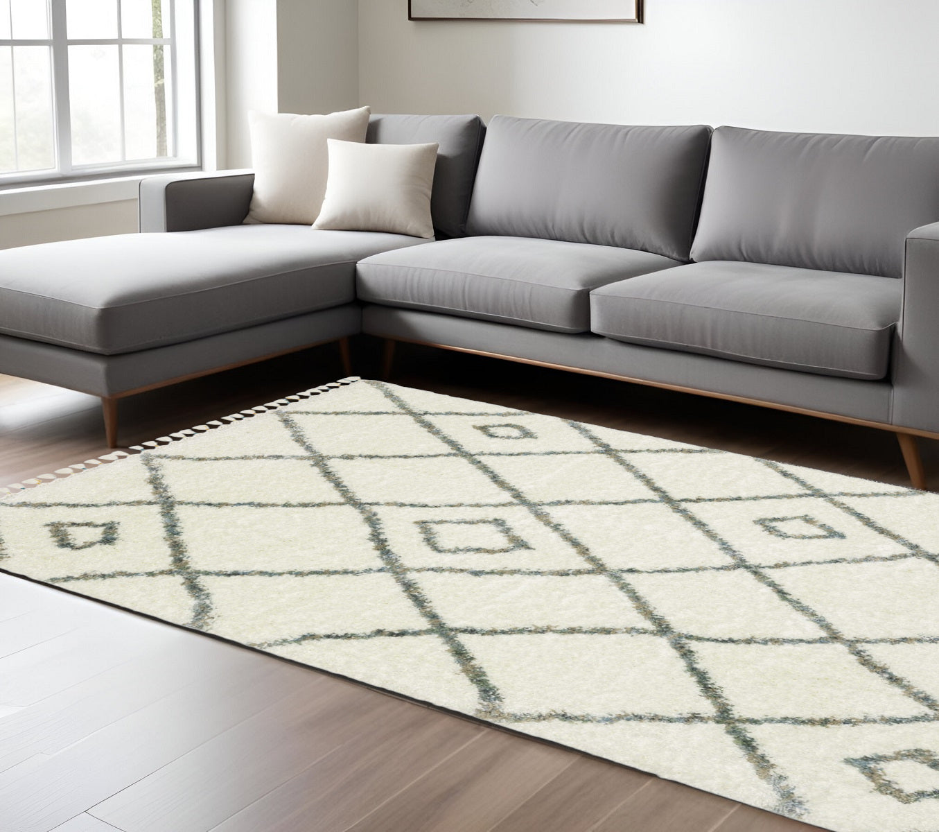 7' X 10' Ivory Gray And Tan Diamond Shag Area Rug With Fringe