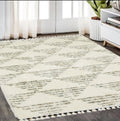 5' X 8' Ivory And Green Geometric Shag Area Rug With Fringe