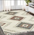 5' X 8' Ivory Red And Orange Southwestern Shag Area Rug With Fringe