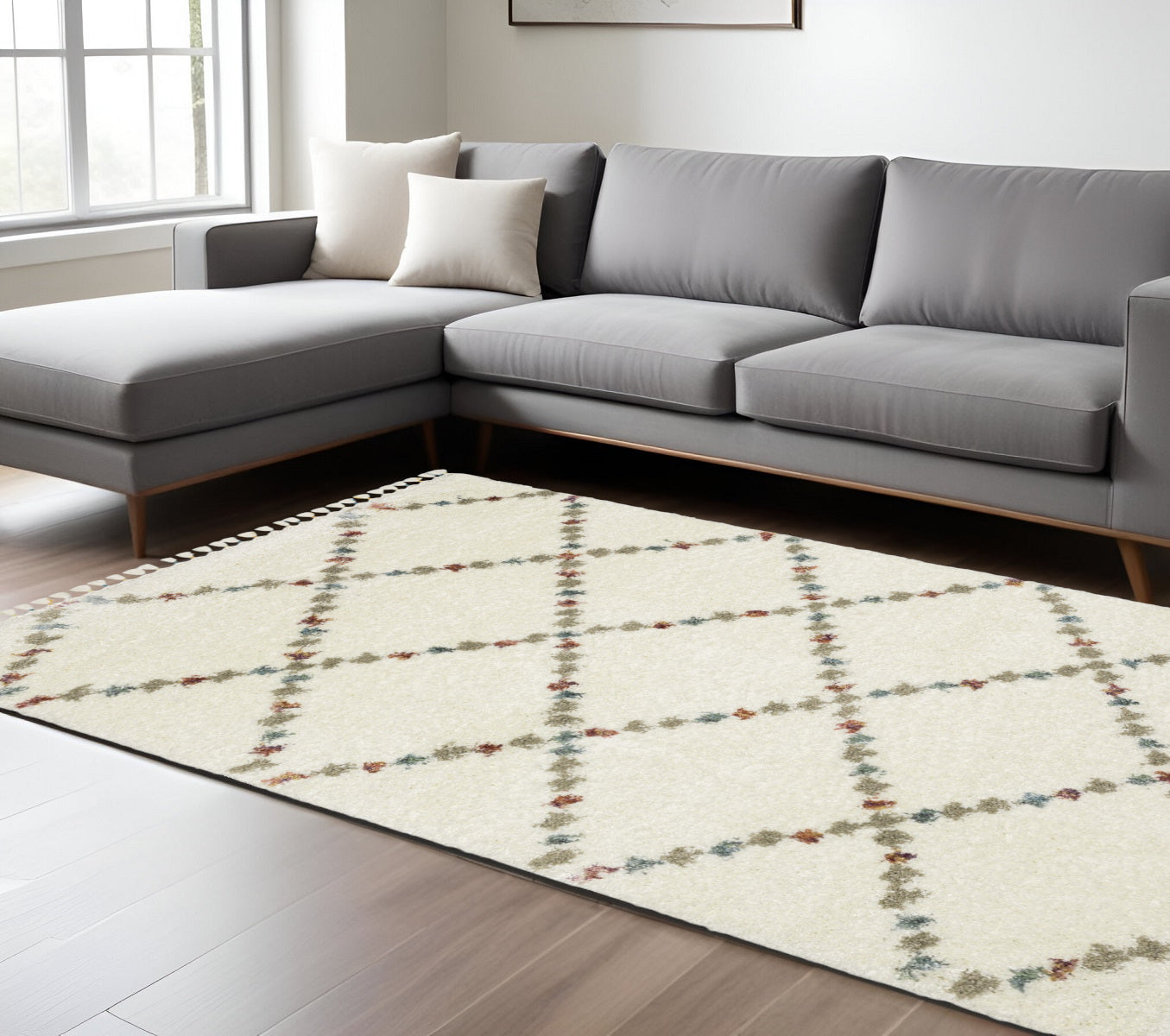 10' X 13' Ivory Tan And Gray Diamond Shag Area Rug With Fringe