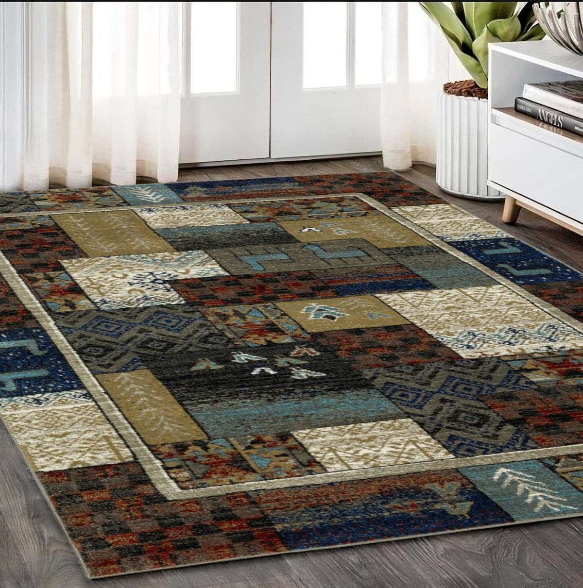 5' X 7' Brown Tan And Blue Patchwork Area Rug