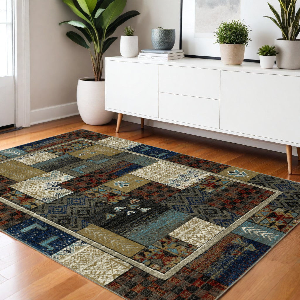 4' X 6' Brown Tan And Blue Patchwork Area Rug