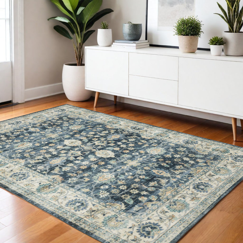 4' X 6' Blue And Ivory Oriental Distressed Area Rug