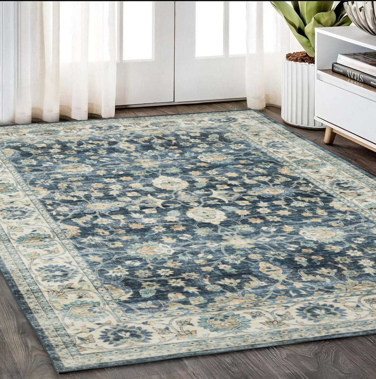 5' X 7' Blue And Ivory Oriental Distressed Area Rug