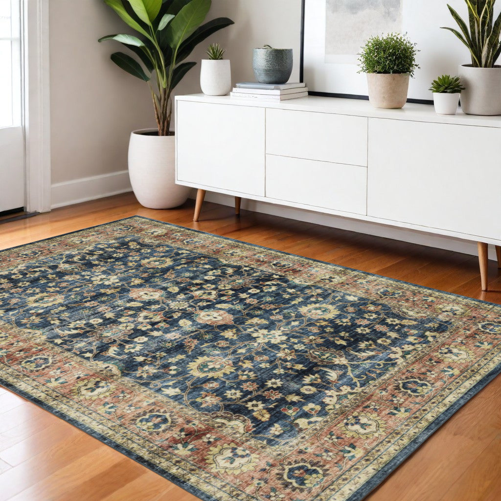 4' X 6' Blue And Rust Oriental Distressed Area Rug