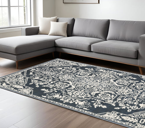10' X 13' Blue And Ivory Oriental Area Rug