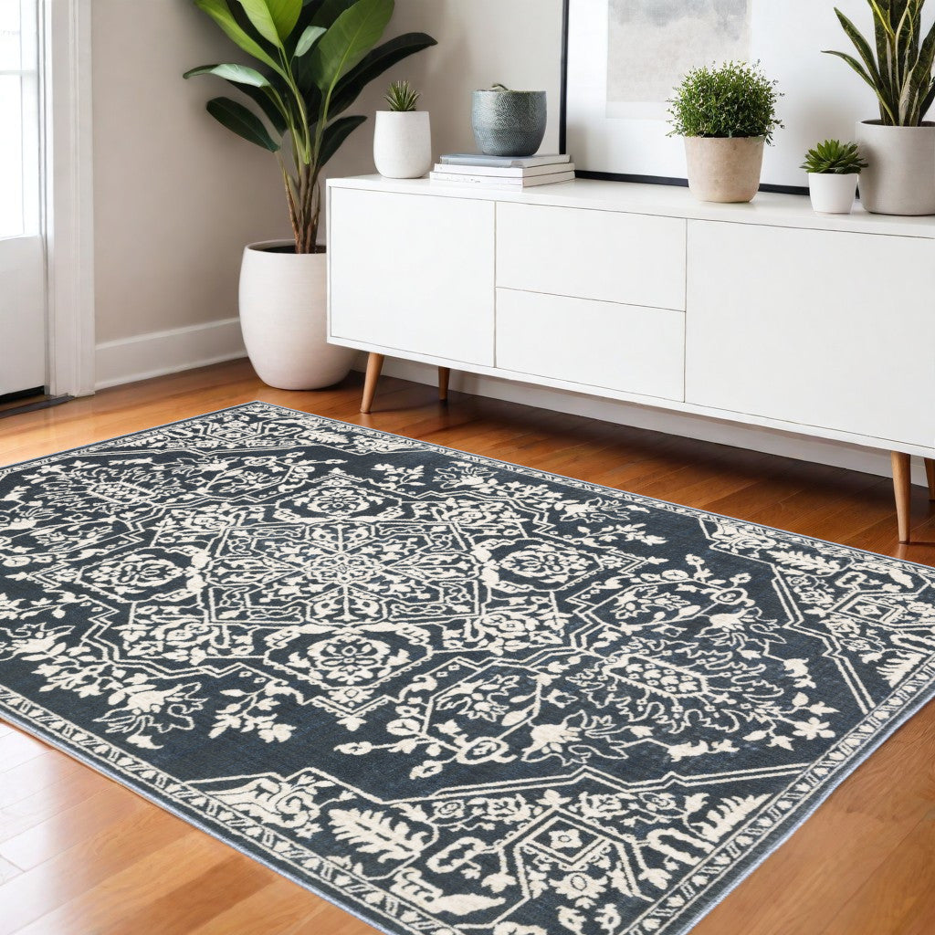 4' X 6' Blue And Ivory Oriental Area Rug