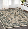 5' X 8' Beige And Blue Oriental Area Rug With Fringe