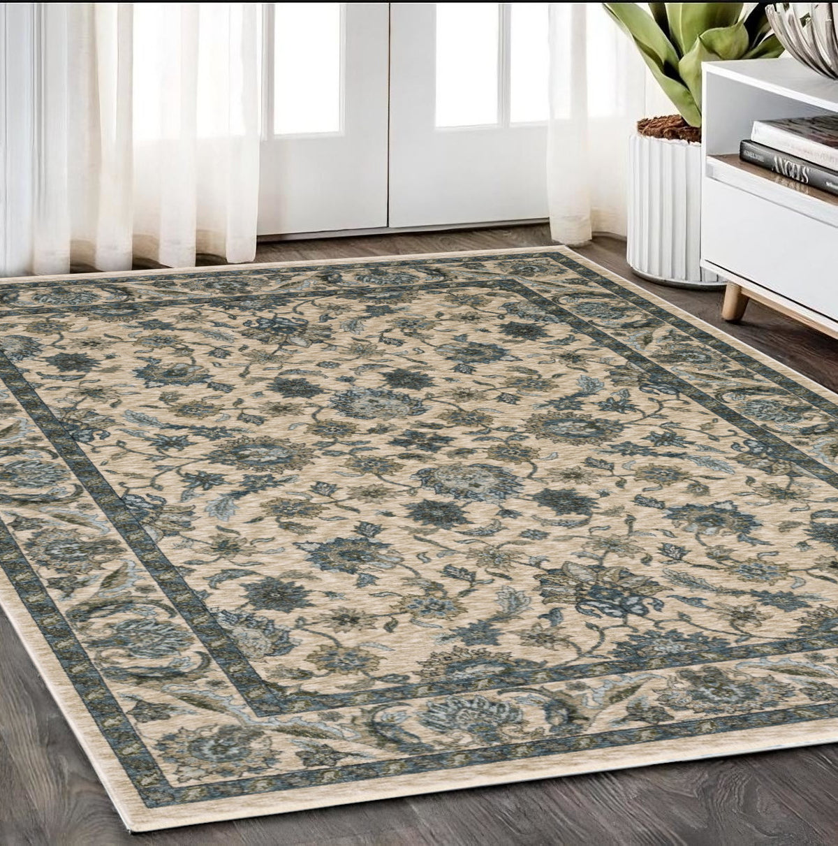 5' X 8' Beige And Blue Oriental Area Rug With Fringe