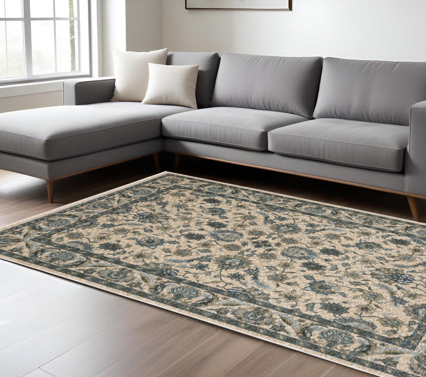 10' X 13' Beige And Blue Oriental Area Rug With Fringe