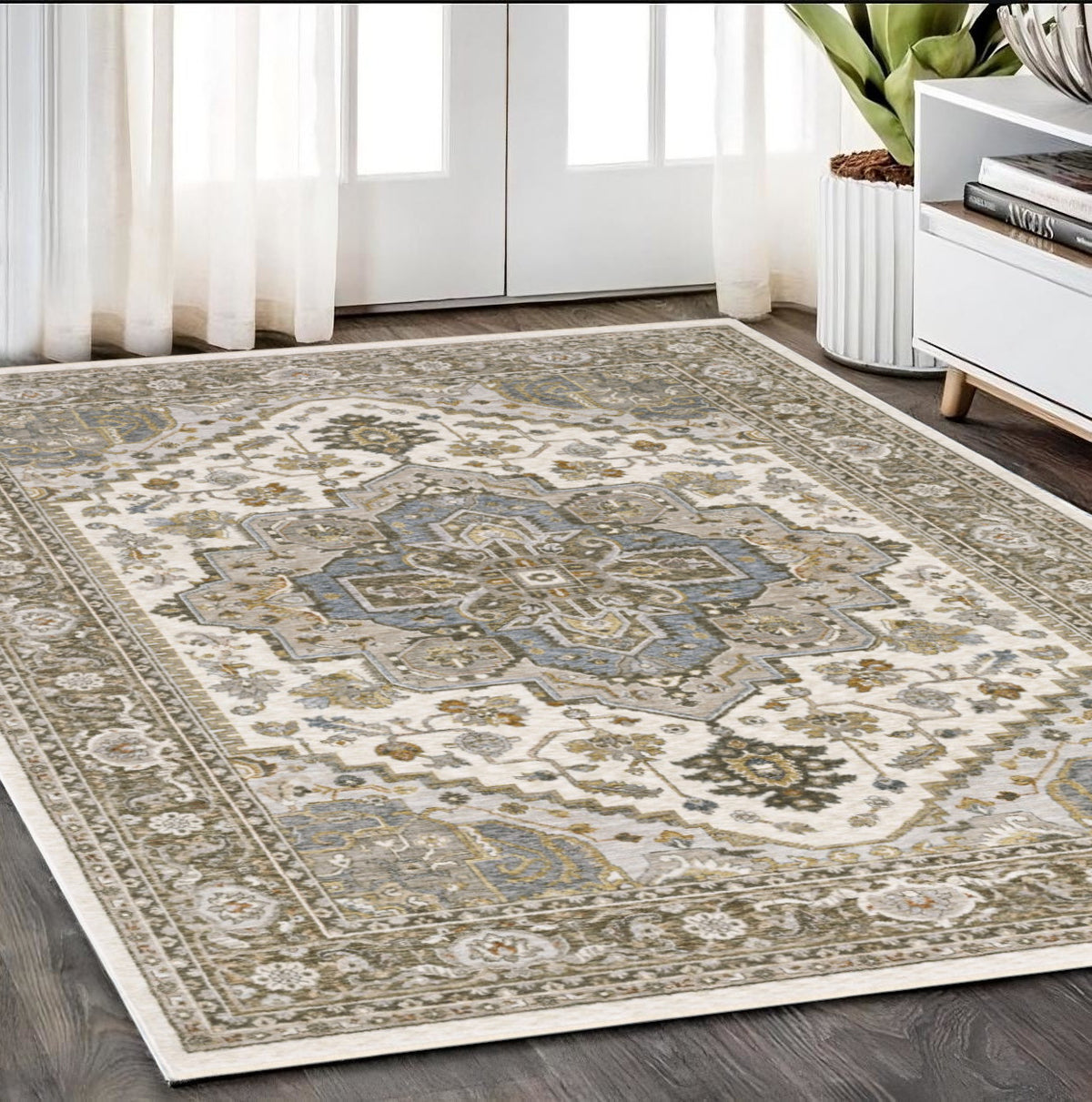 5' X 8' Ivory And Gold Medallion Distressed Area Rug With Fringe