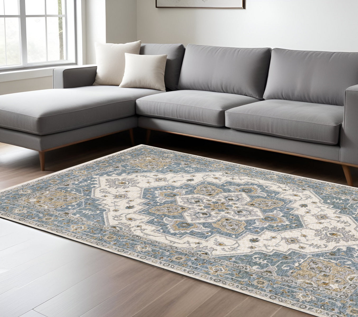 10' X 13' Blue And Ivory Medallion Distressed Area Rug With Fringe