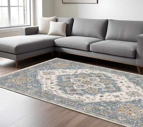 10' X 13' Blue And Ivory Medallion Distressed Area Rug With Fringe