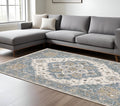 8' X 11' Blue And Ivory Medallion Distressed Area Rug With Fringe