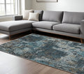 7' X 10' Blue And Gray Abstract Distressed Area Rug With Fringe