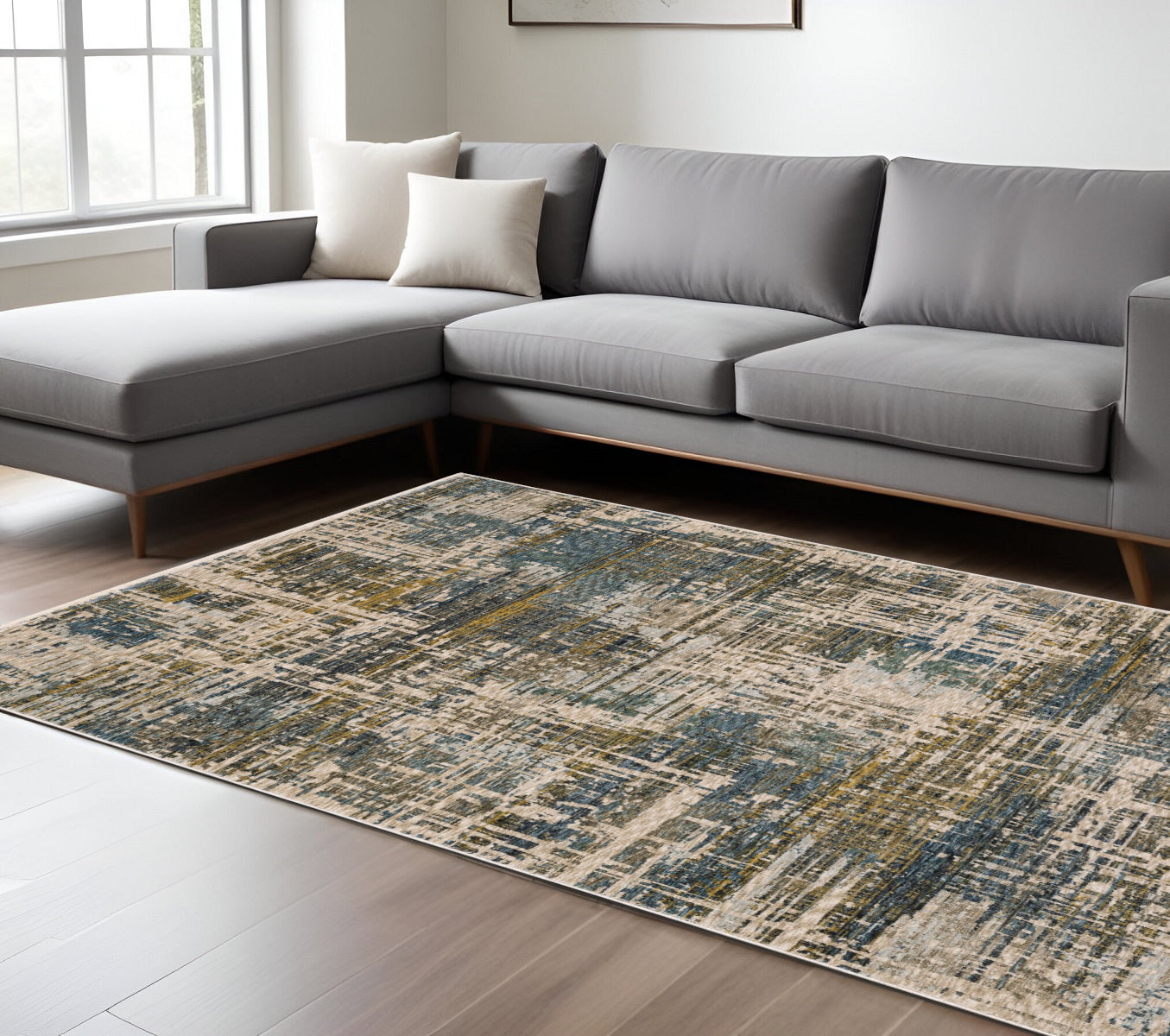 10' X 13' Blue And Gold Abstract Distressed Area Rug With Fringe